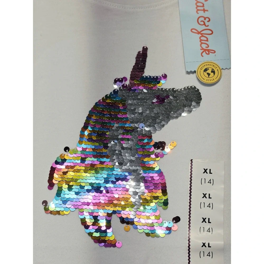 Cat & Jack Girls XL 14 White Unicorn Flip Sequin Flutter Sleeve T-Shirt NWT